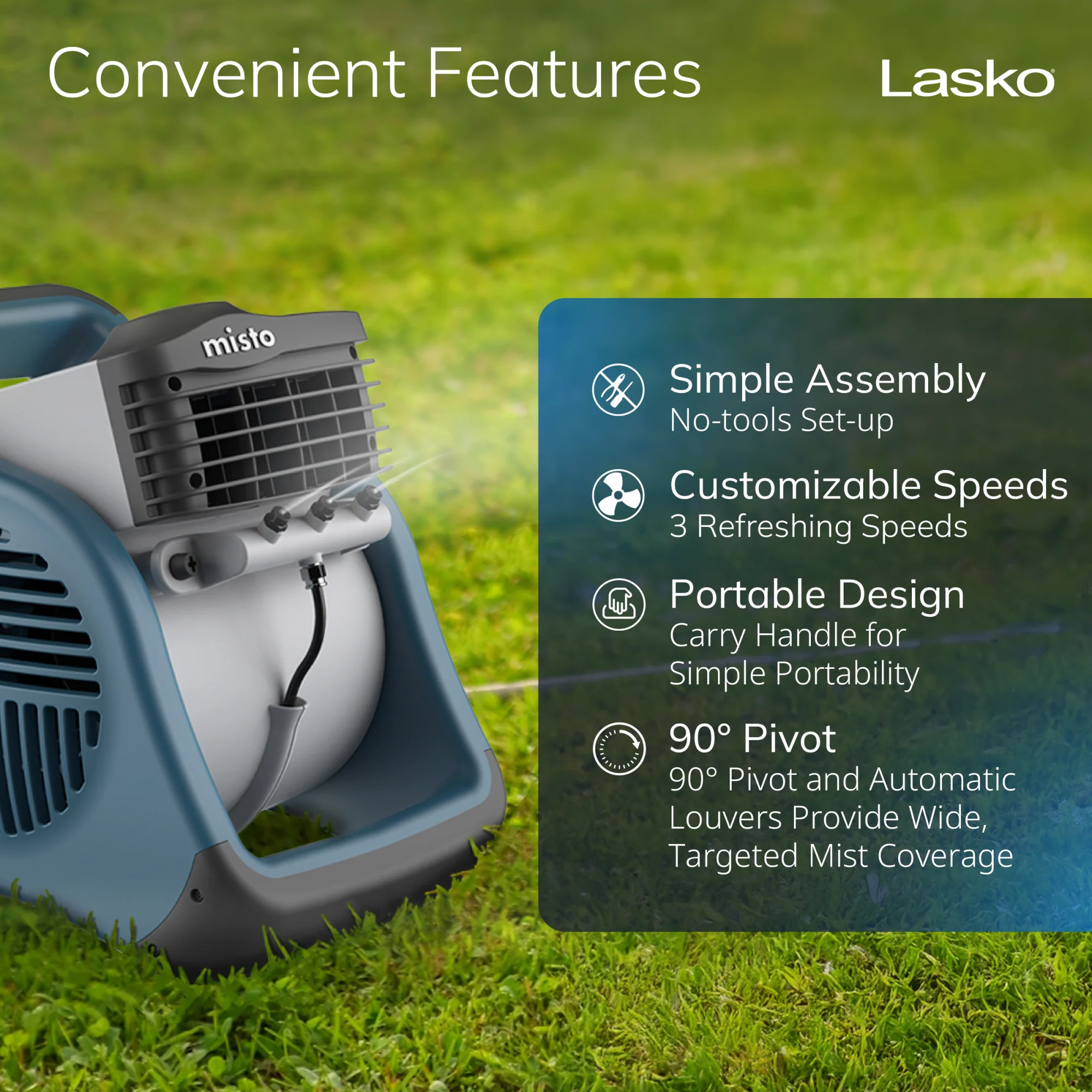 Lasko 15" Pivoting Misto Outdoor Misting Fan with GFCI Cord and 3 Speeds, 7054, Blue - Image 5